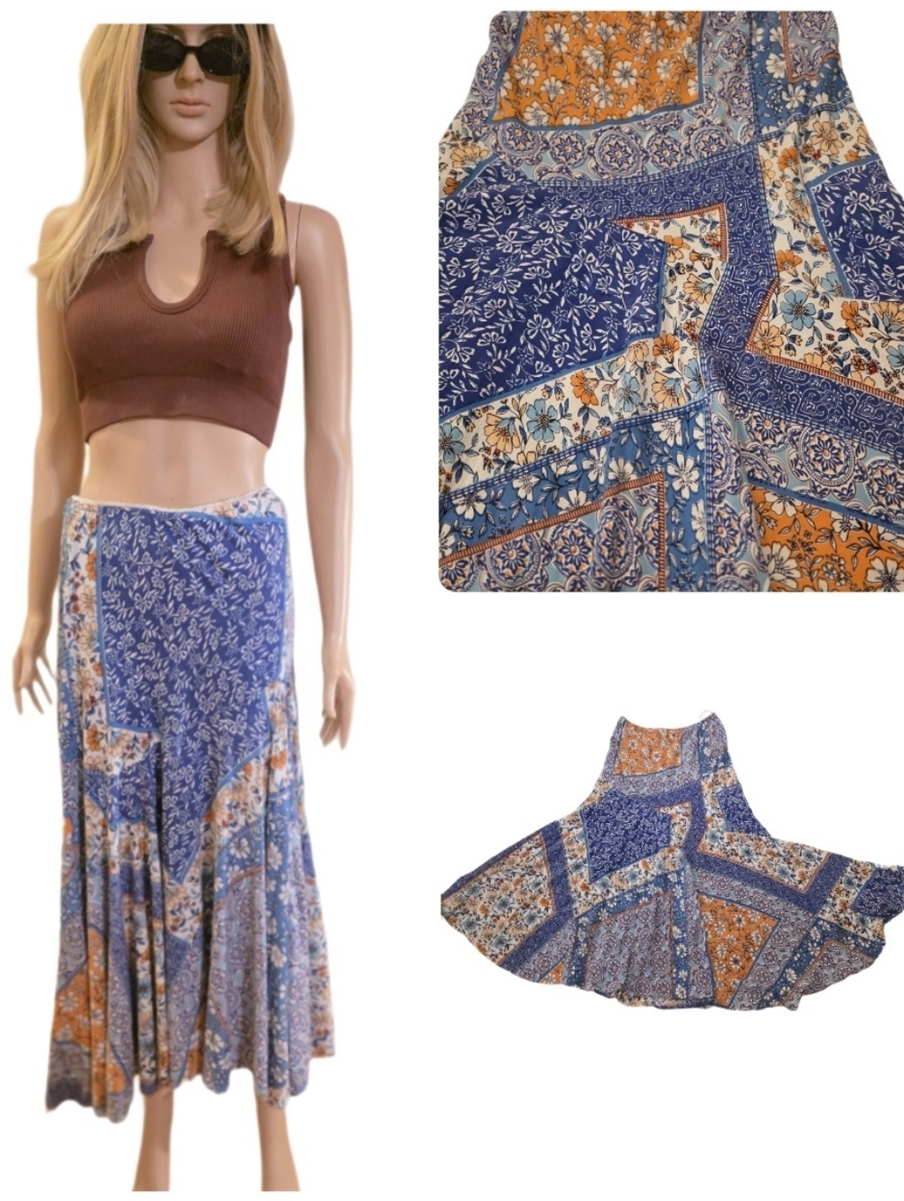 Sky and Sand Bias Cut Patchwork Midi Skirt 15" W X 38" L